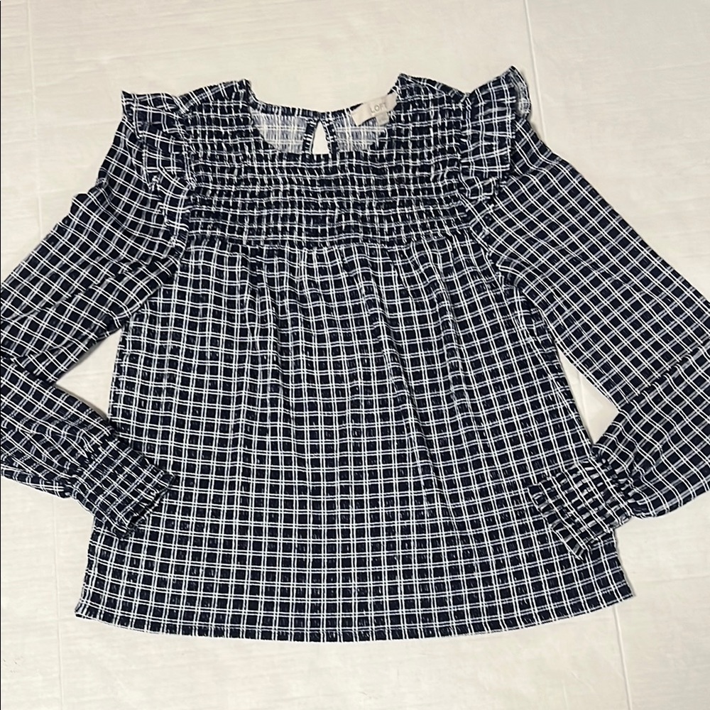 LOFT Navy Blue and White Ruched Top Ruffle Blouse